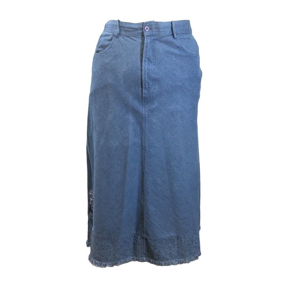 Vtg 220 Hickory Maxi Long Chambray Skirt L Embroidery Frayed Hem Denim Jean